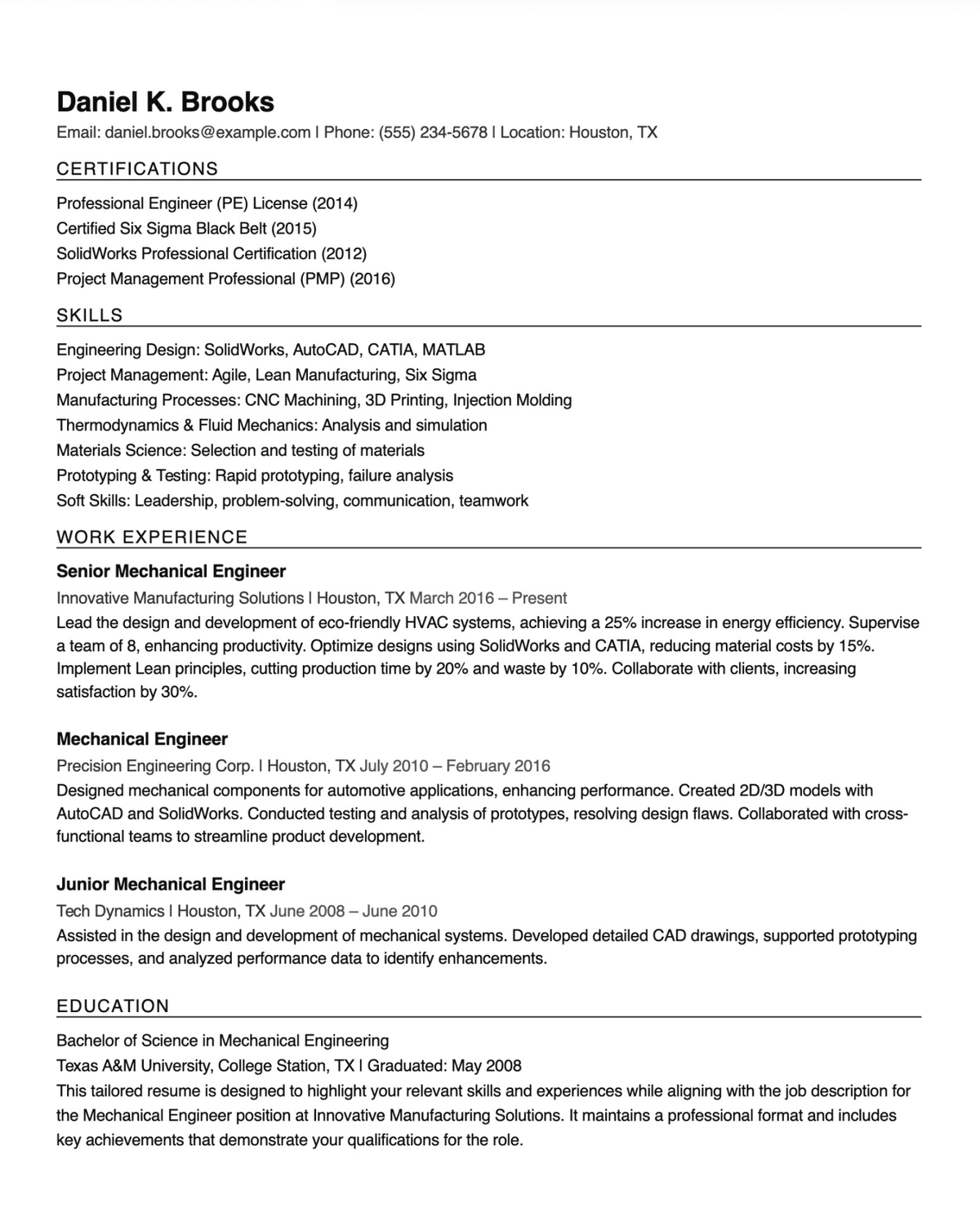 Mechanical Engineer Resume Template