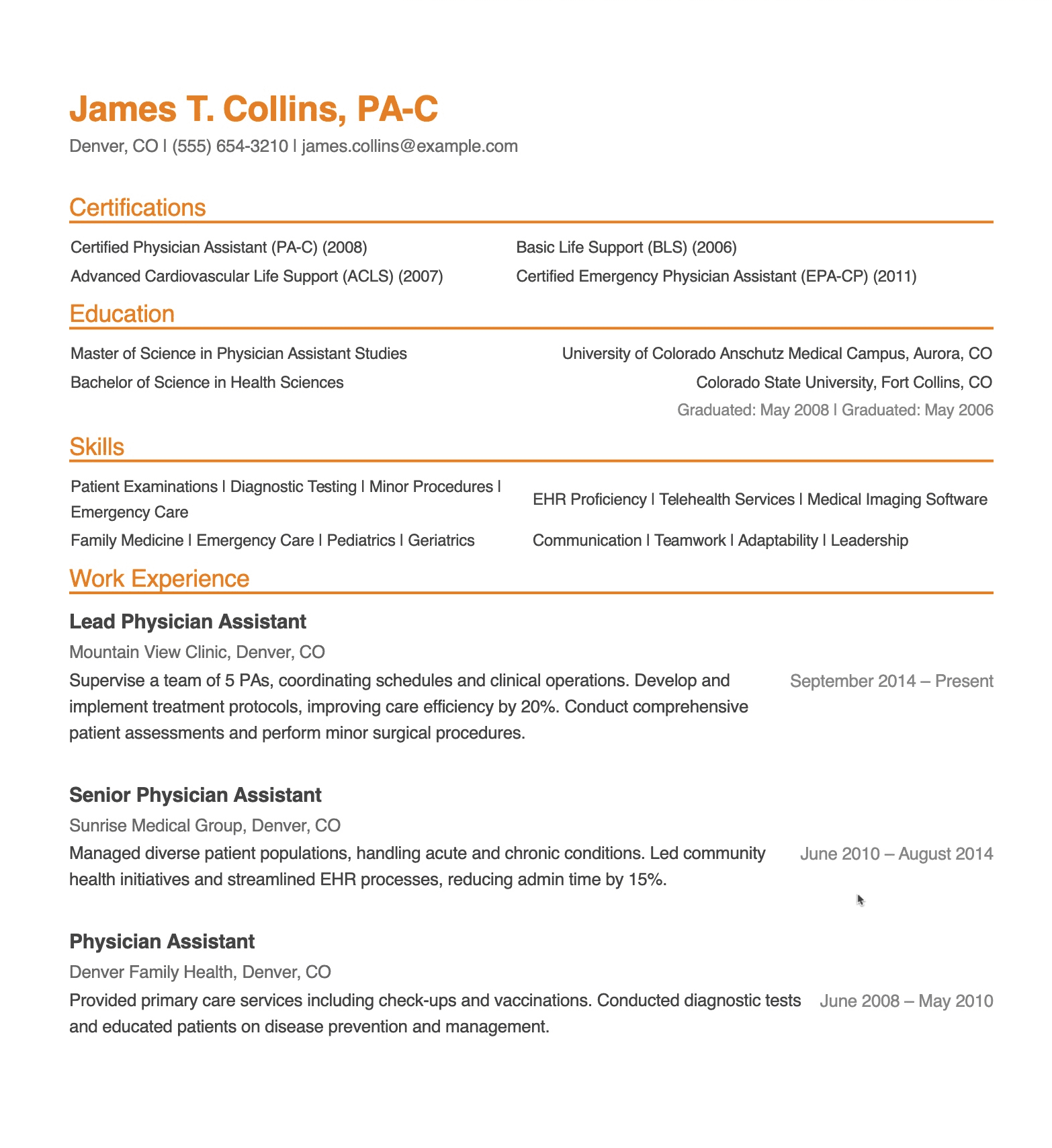 Physician assistant resume template