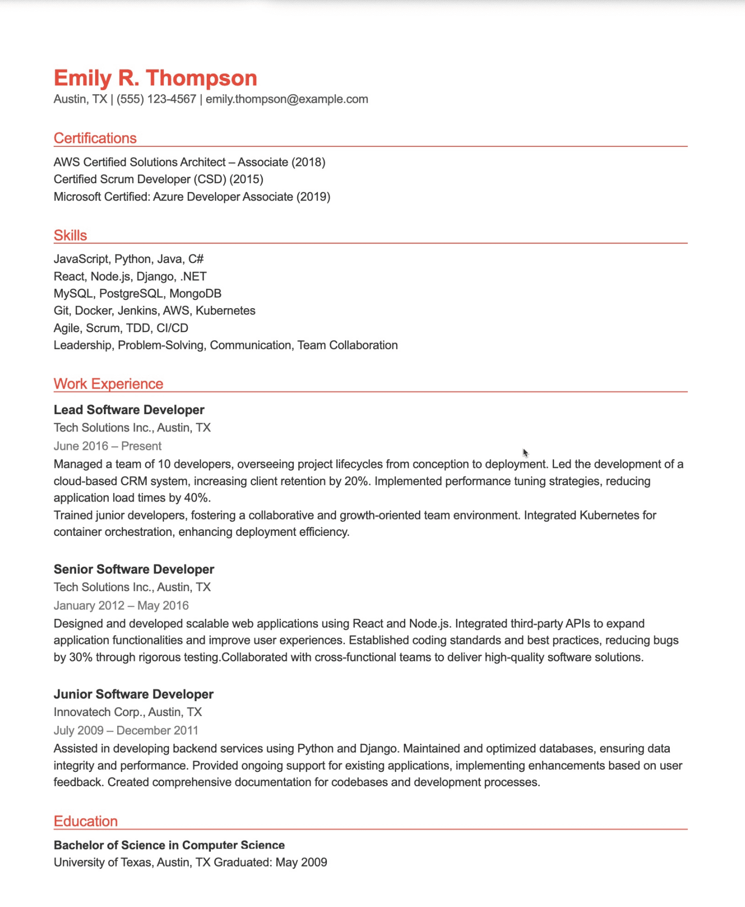 Software developer resume template